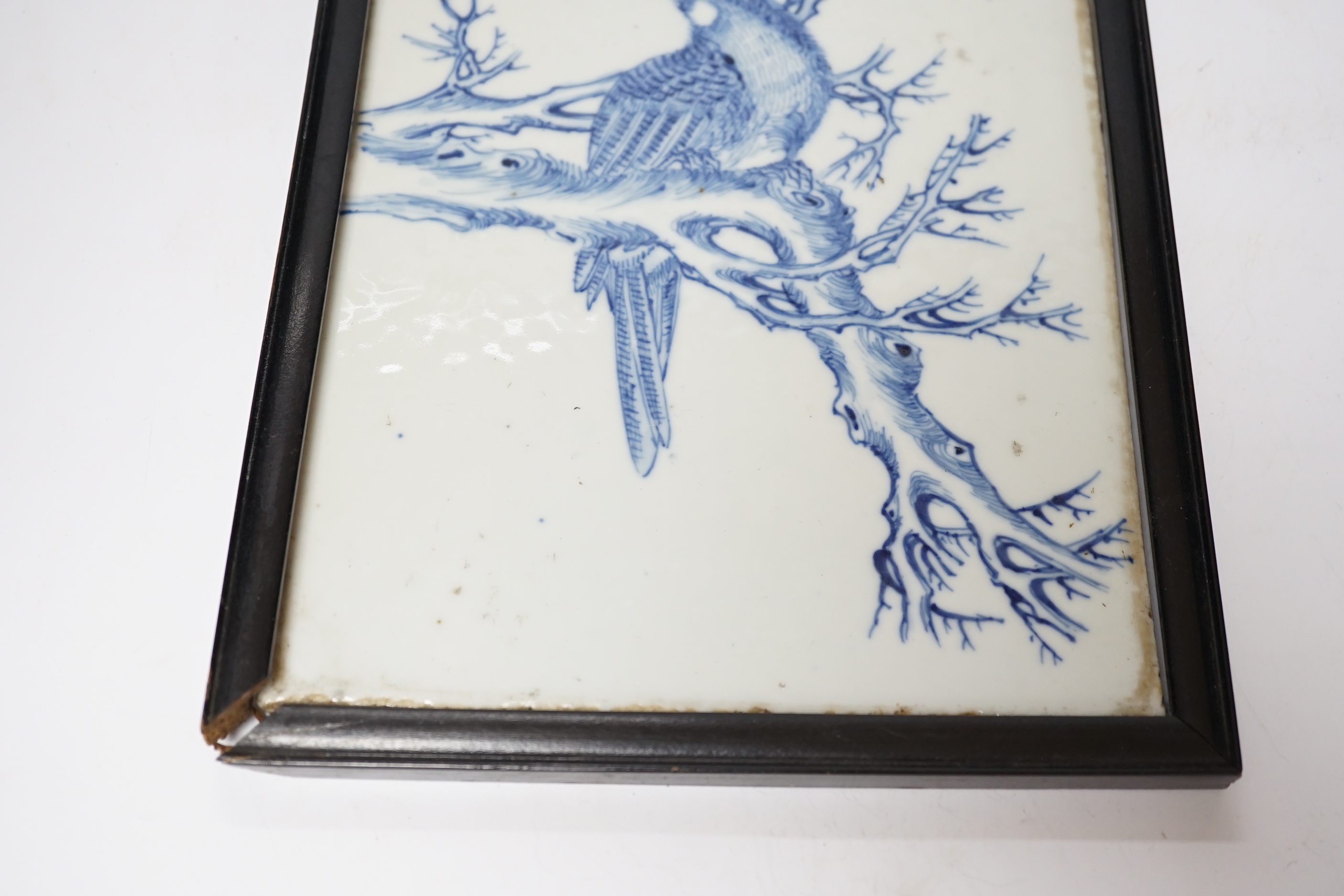 A late 19th century Chinese blue and white plaque of a bird, ebonised frame, 19cm wide x 30cm high including frame